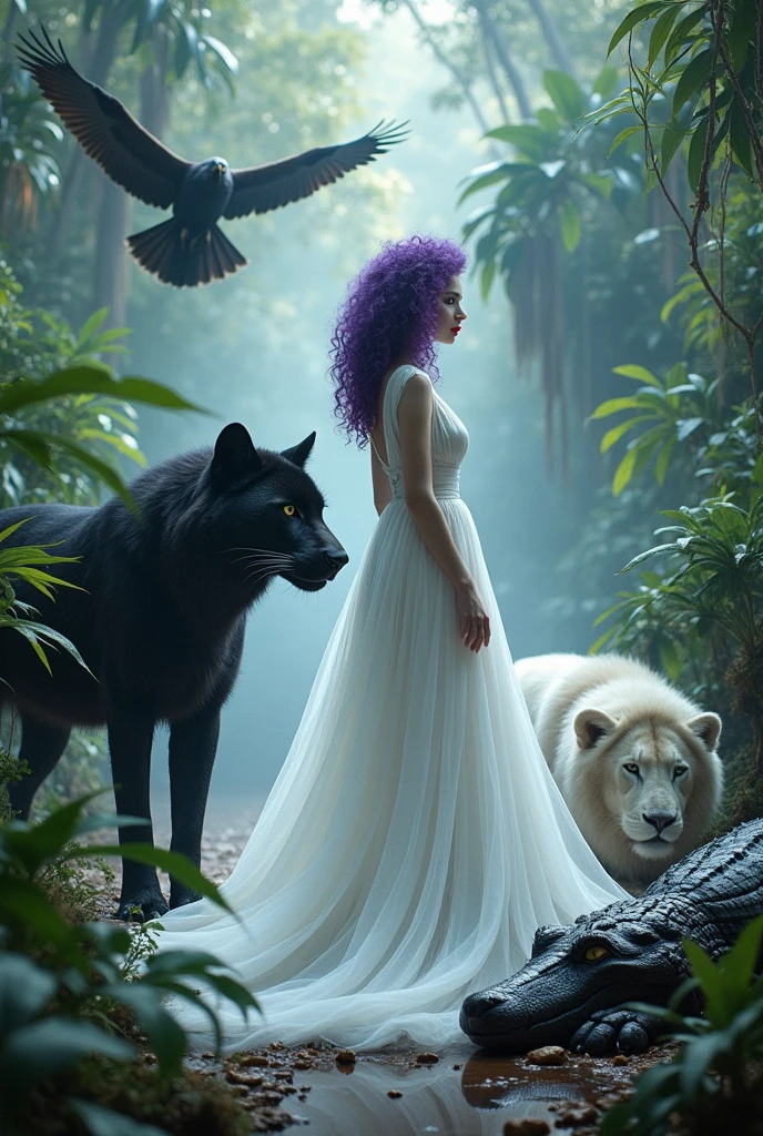 white skin woman, backwards, purple curly hair, dressed in a white gown, Red lips, surrounded by a large black jaguar, an eagle ,a large black wolf, A crocodile, a large transparent white lion and plants