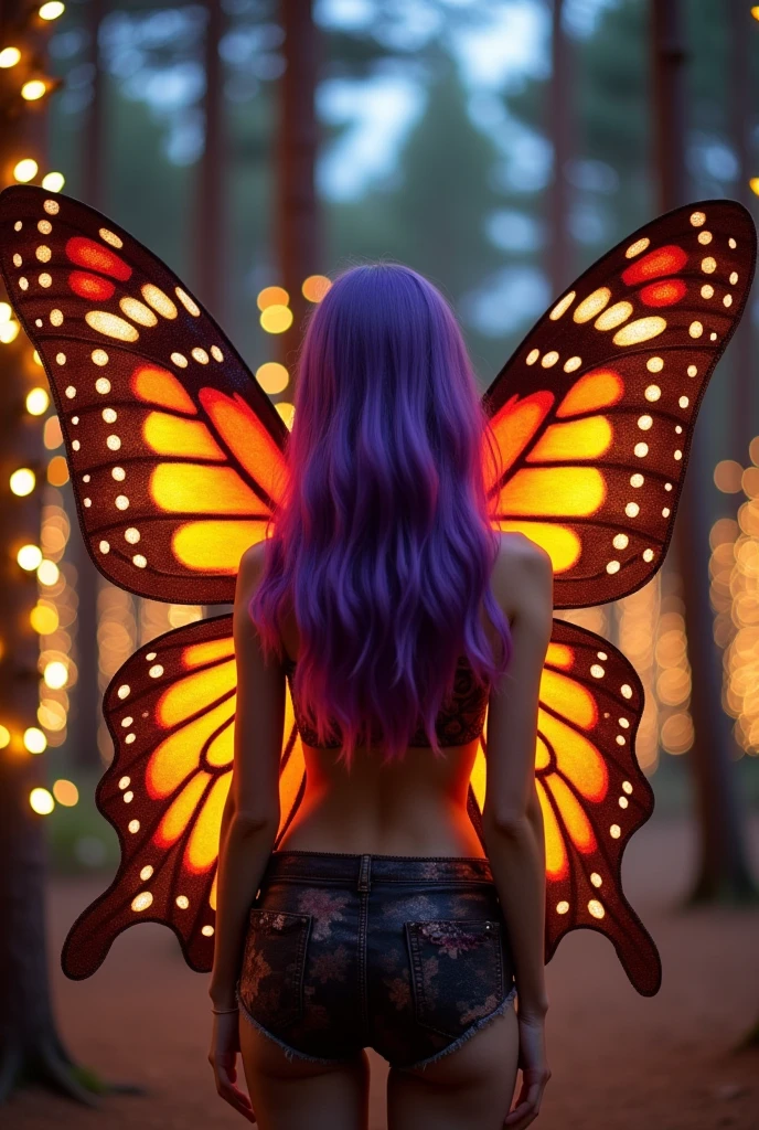 Korean butterfly woman with purple hair wearing headphones and a 2000s themed outfit with red, yellow, and brown feathered clothing, with shimmering brown butterfly wings. She is at a party in a cabin in the forest at night with slender pine trees. She has a perfect body and is wearing a short outfit.