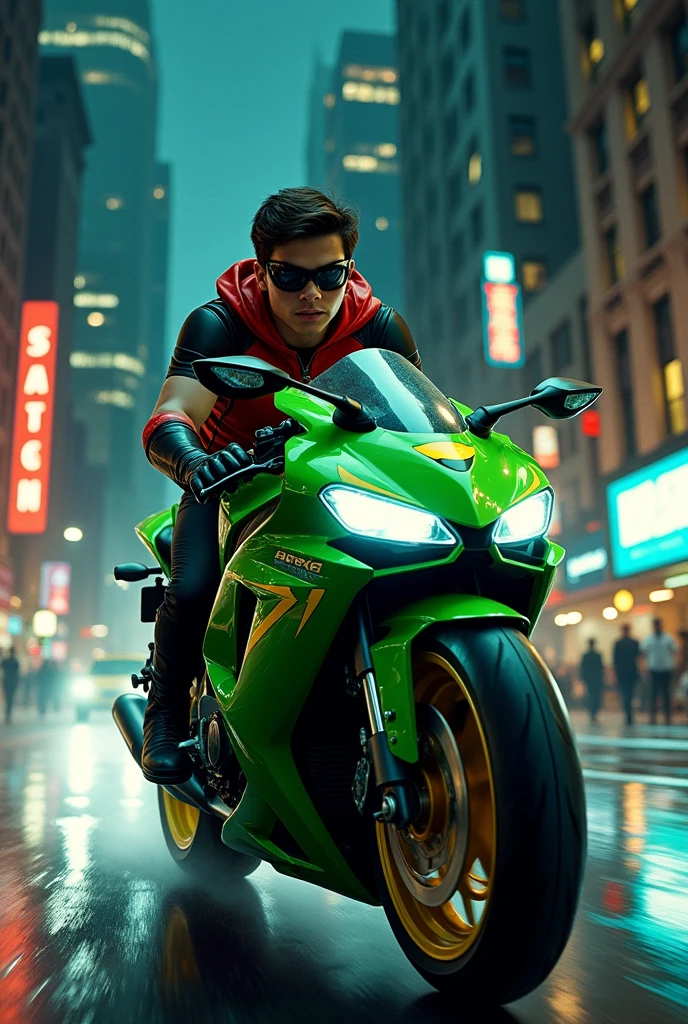 Robin DC on a green motorcycle