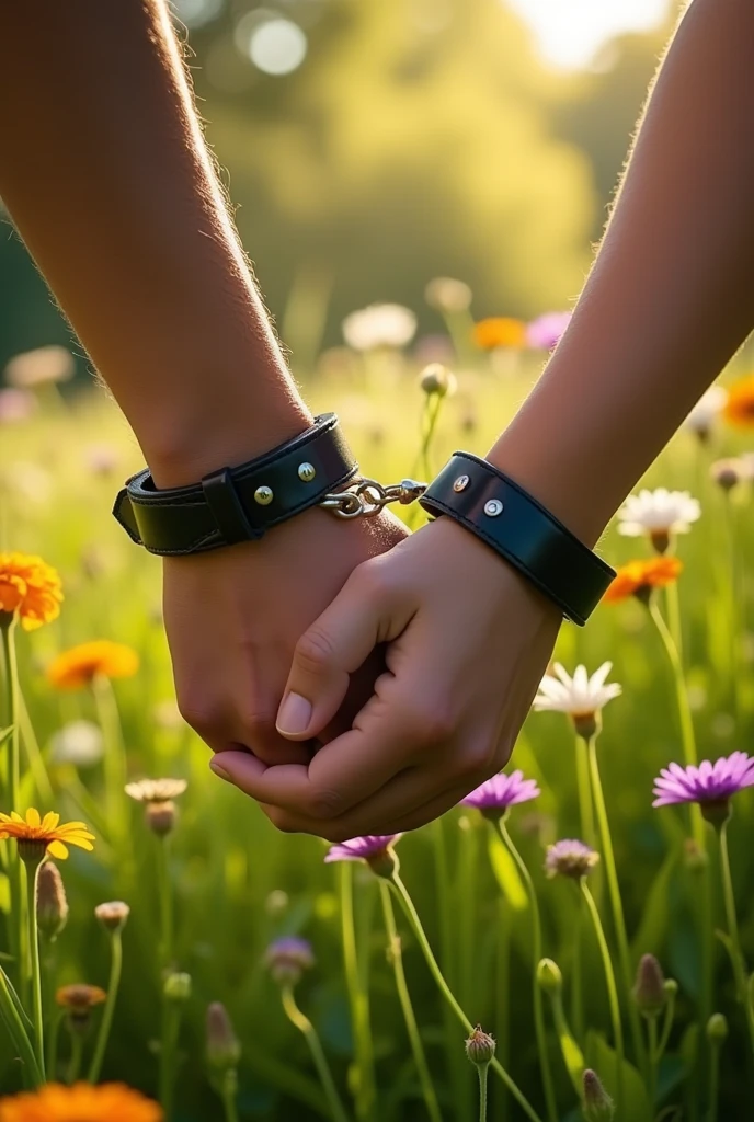 2 hands can be seen tied with 3 cm wide black leather handcuffs on a meadow during the day