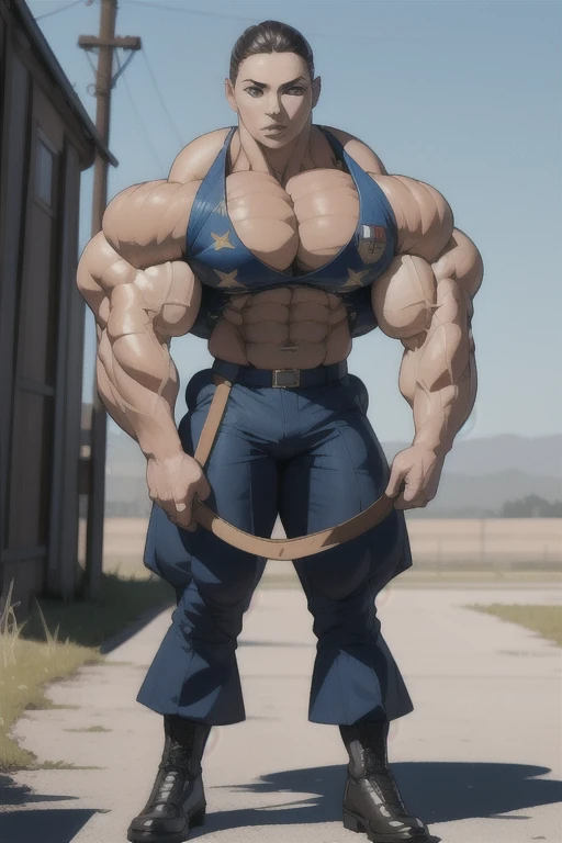 masterpiece, best quality, 1girl, solo, large breasts, (1girl, muscular, muscular female, abs, biceps, pectorals, large pectorals, flat chest, obliques, broad shoulders, narrow waist), SFW, military uniform, standing at attention, holding a rifle, looking at viewer, 