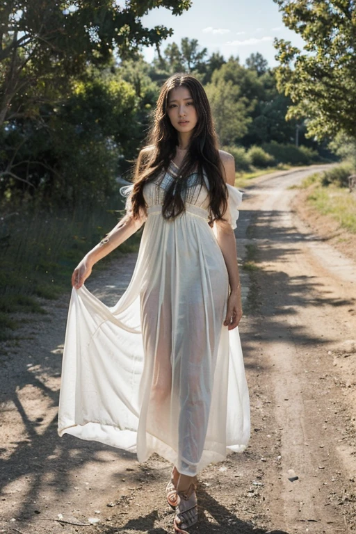 (RAW photos, best quality), (Practical, Photo Practical: 1.3), best quality, Very detailed, masterpiece, Ultra Detail, One Native American girl, Very detailed的脸部,Exquisite eyes, Full body portrait, Perfect body,(((Perfect Indian attire、Indian long dress))),Long legs,Long-range shooting, World masterpiece Theater, Stylish_long_hair, best quality, Movie Lighting,Standing in a small town in the western United States