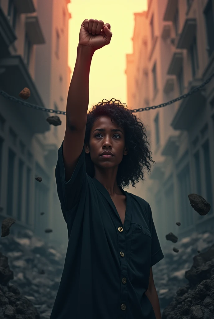 A close-up of a person with their fist raised, with a determined expression, surrounded by a somber environment that symbolizes injustice. Behind the person, a horizon can be seen beginning to light up, symbolizing the hope for change.