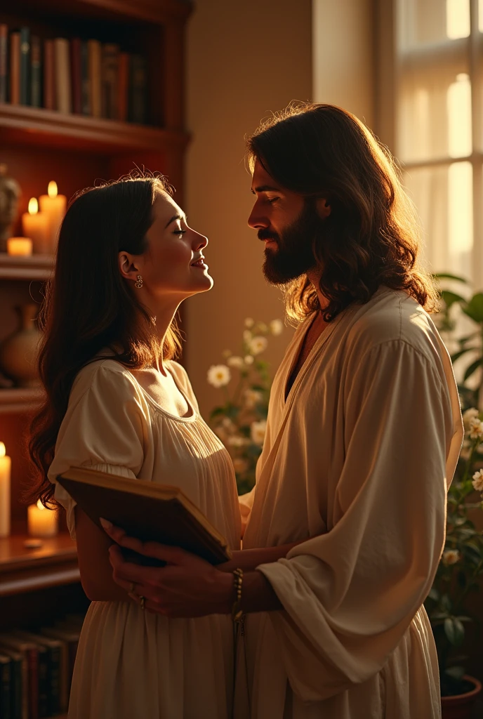 A woman in a room with the bible in her hand and Jesus by her side in the Holy Spirit and truth,her physical features are shoulder-length hair,brown hair with some highlights and white skin,