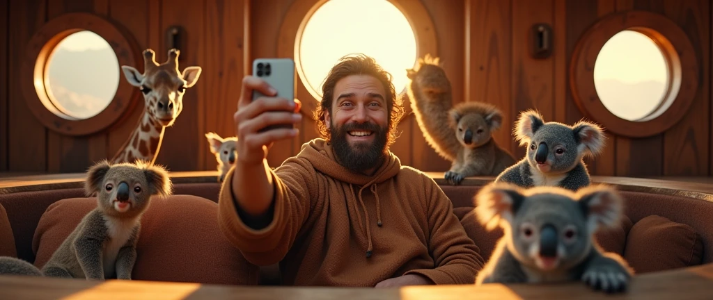 Noah taking a selfie on his cell phone, in the ark with animals. realistic, in 8k