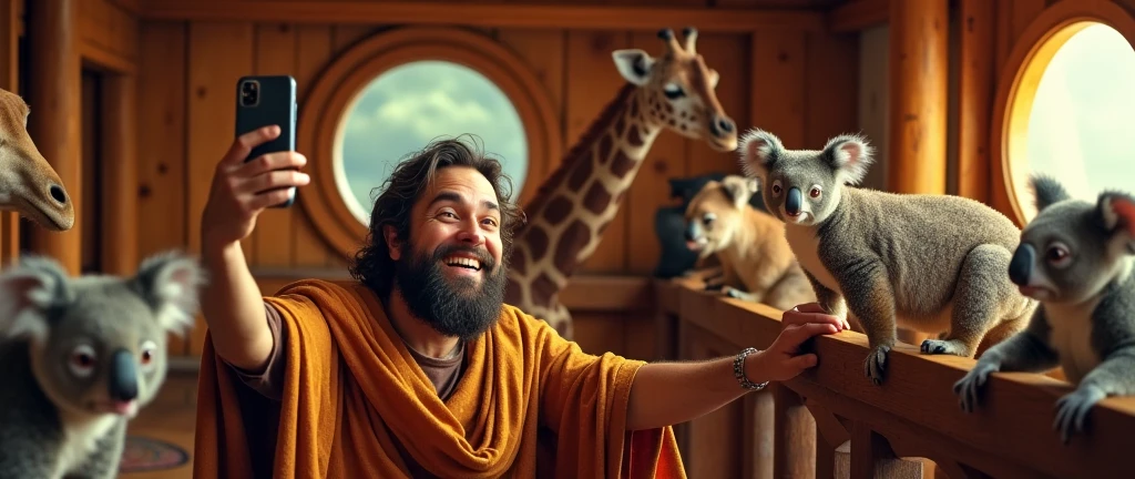 Noah taking a selfie on his cell phone, in the ark with animals. realistic, in 8k