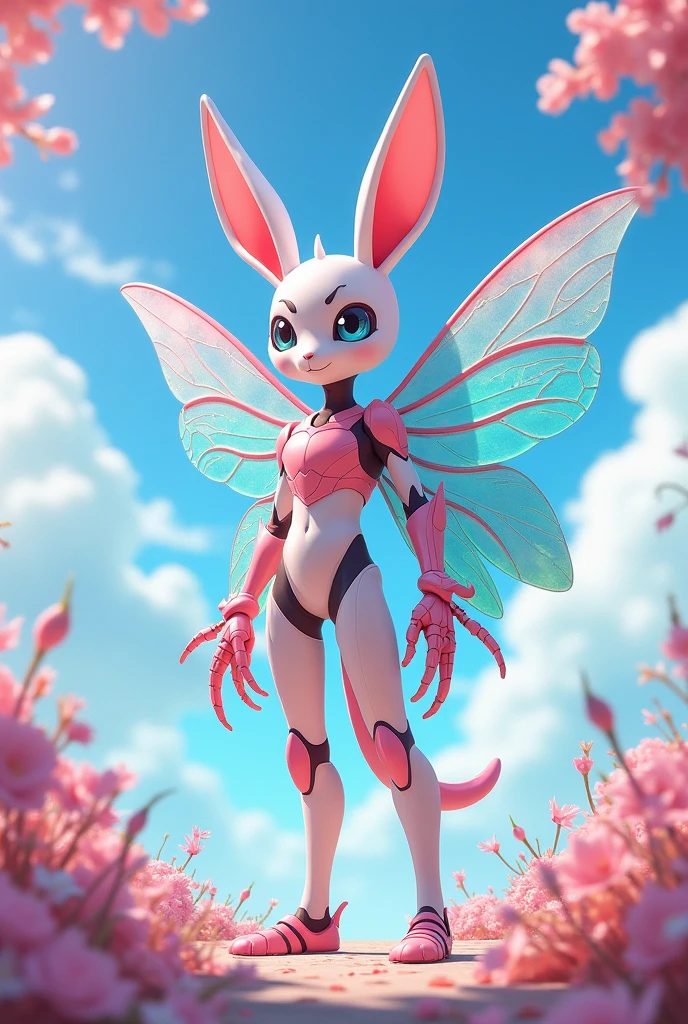 A anime style humaniod creature.
Appearance: a chimera , half bunny half man half dragonfly. With big wings, Big anime eyes. Big stingers for hands and wearing a exoskeleton
Style : cel shaded , 3d , anime, Full-body, t pose.
This is a digimon