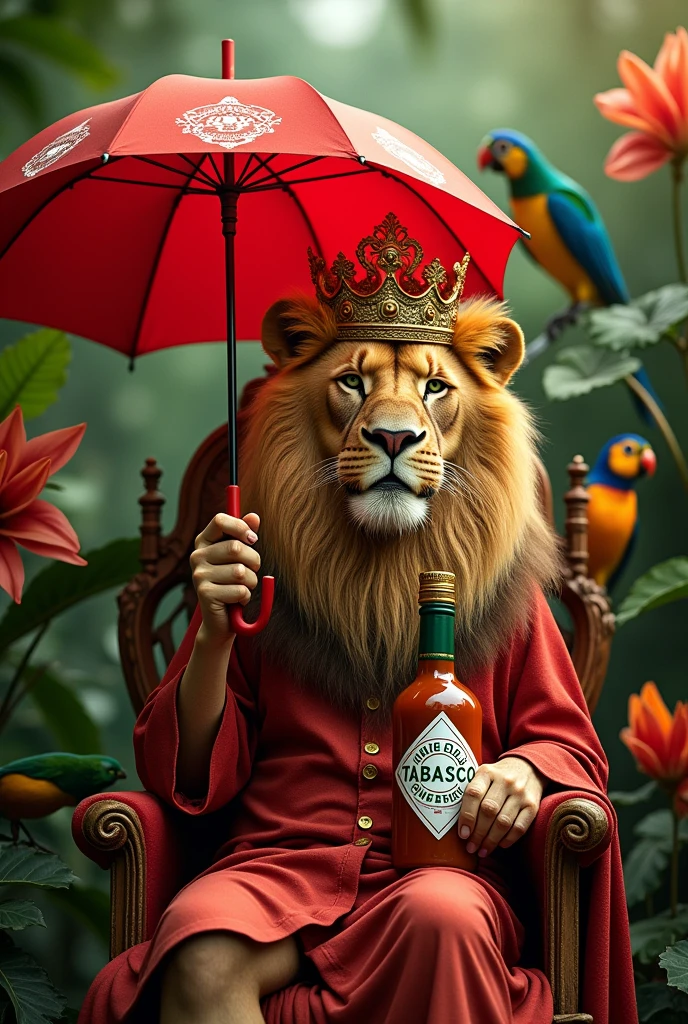 royal lion holding a red umbrella with Tabasco on it 