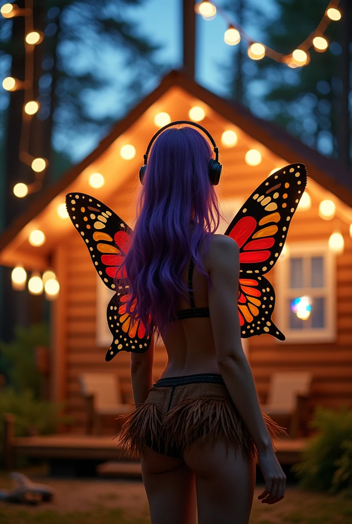 Korean butterfly woman with purple hair wearing headphones and a 2000s themed outfit with red, yellow, and brown feathered clothing, with shimmering brown butterfly wings. She is at a party in a cabin in the forest at night with slender pine trees. She has a perfect body and is wearing a short outfit.