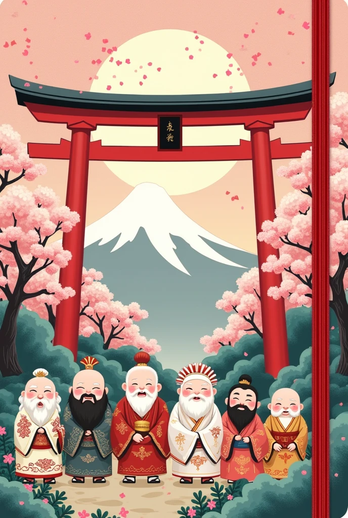 Create a notebook cover with a Japanese theme, containing the seven lucky gods in chibi style, with a red Tori in the background. Drawings with Japanese patterns