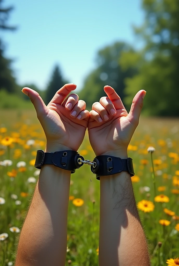 2 hands can be seen tied with 3 cm wide black leather handcuffs on a meadow during the day