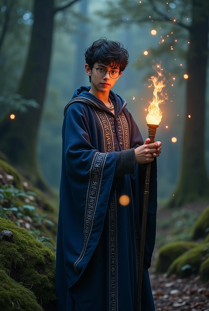 Young wizard with short wavy black hair wearing glasses and a medieval robe