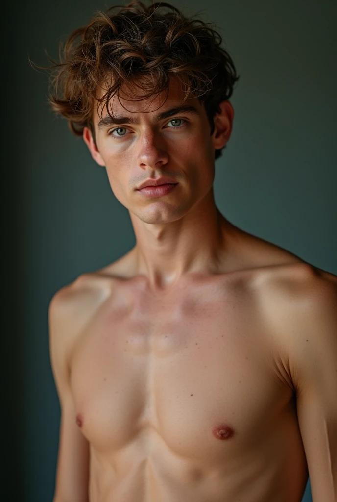 Naked boy with messy hair, blue eyes, large penis and large pecs