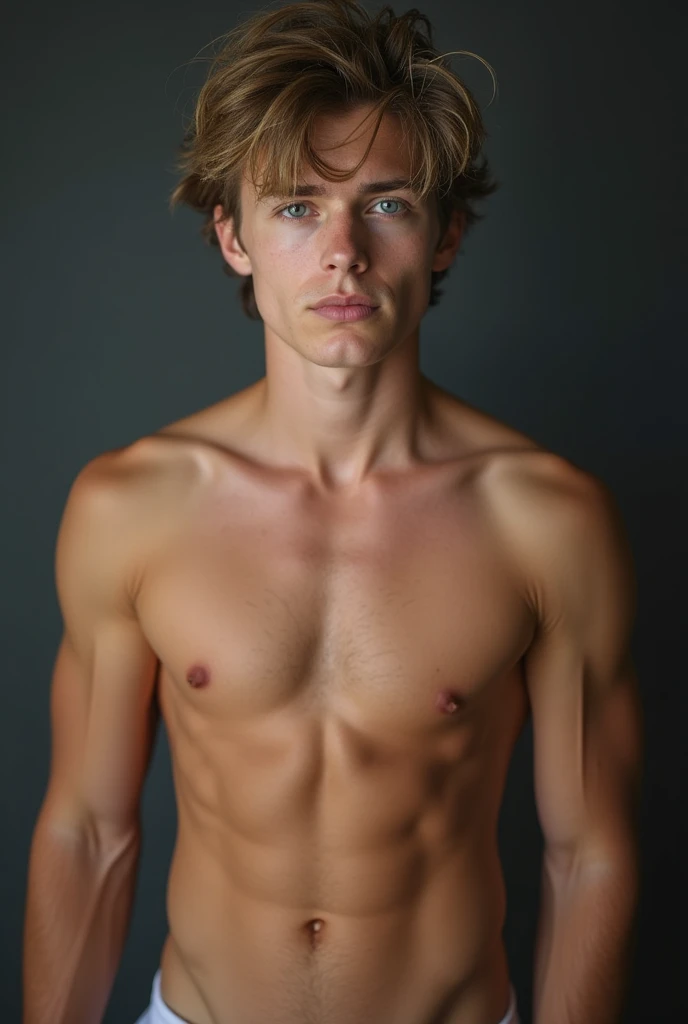 Naked boy with messy hair, blue eyes, large penis and large pecs