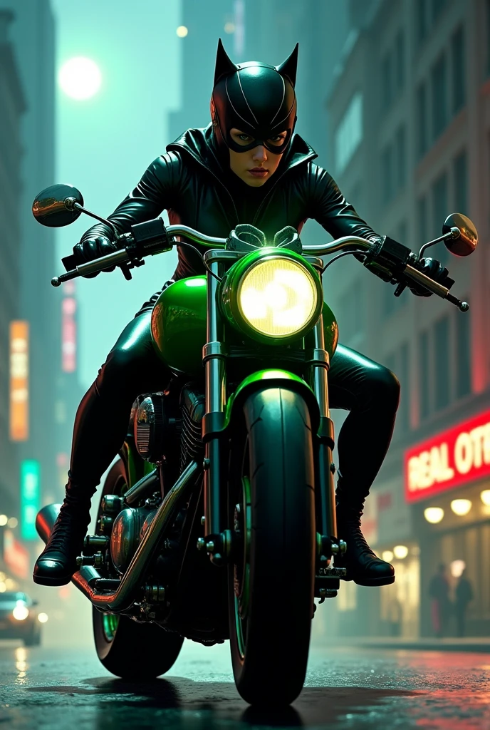 Catwoman DC on a green motorcycle 