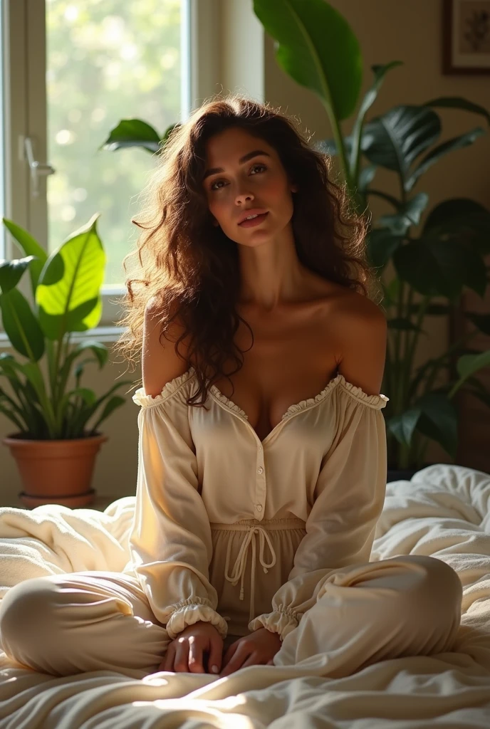 (photorealism:1.2), beautiful woman, sitting on bed, wearing loose off-shoulder top, pajama pants, long curly hair, indoors, soft lighting, plants in background, window with sunlight, cozy room, relaxed pose, realistic, intricate details, warm colors, by Greg Rutkowski, by Alphonse Mucha