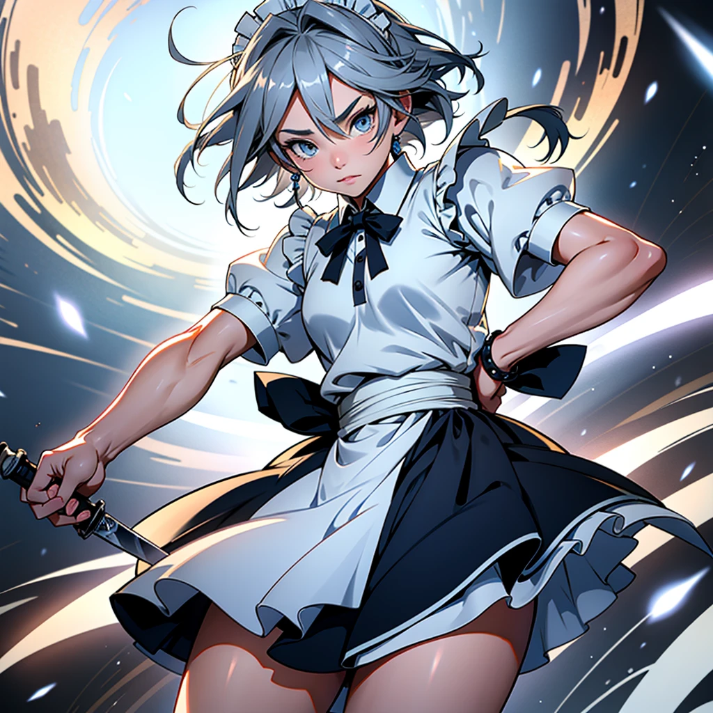 アニメ (8k, masterpiece, Best quality, high resolution), fantasy, Cute face, kawaii, Cute, Very big eyes, Aesthetic anime eyes, small face,
1 girl, only, (Izayoi Sakuya), blue eyes, Maid headdress, braid, gray hair, Maid, twin braiders, Short hair, cuffs, bow, hair bow, short sleeves, ribbon, apron, holding a knife, clock, serious, (light particles), lines of movement, dynamic angle, battle, wind, struggle, (cowboy shot), look at the viewer,