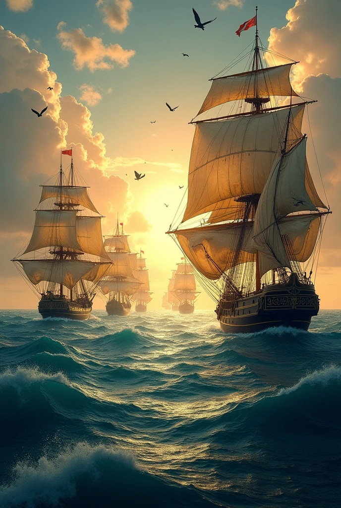 Ships sailing from the map of South America to the map of Asia showing the sea