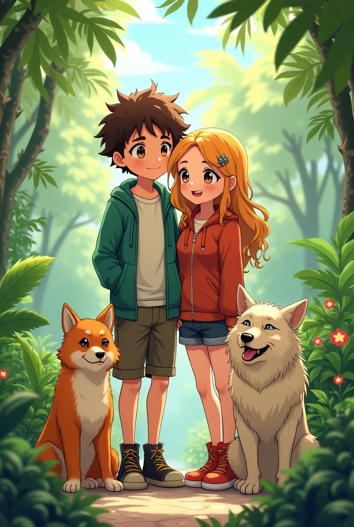 Create a couple in anime style. The couple has brown curly hair and light brown eyes. 
The boy has a piercing on his eyebrow and the girl has piercings on her cheeks.
There are two dogs, a small one all orange with lots of fur. 
The other dog is big and looks like a wolf but has less fur but a pretty wild look.
The background full of plants because the girl loves plants.

