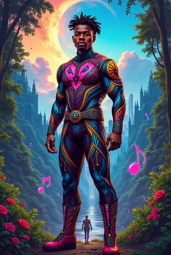Psychedelic image of a male Wakanda, Marvel-style music, another one distancing the city, another one with the city and more forest, another one with a younger character, funk music style, the same photo with military hair, another one of the same one with shorter straight hair, no beard