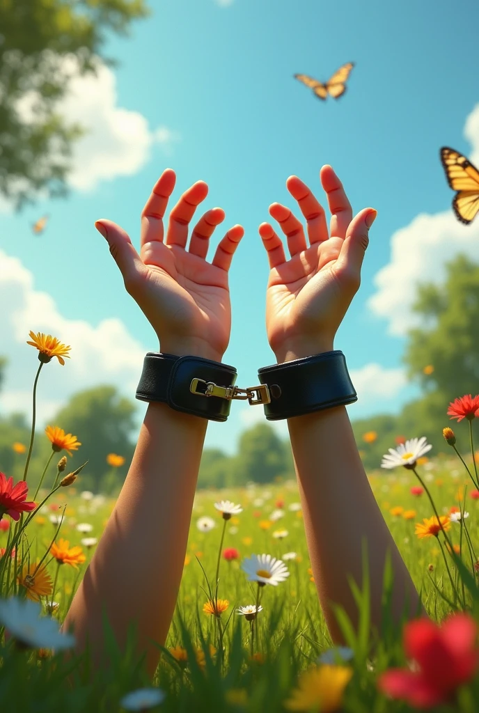 2 hands can be seen tied with 3 cm wide black leather handcuffs on a meadow during the day