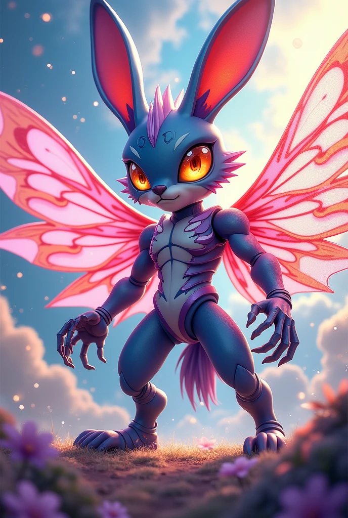 A anime style humaniod creature.
Appearance: a chimera , half bunny half man half dragonfly. With big wings, Big anime eyes. Two Big stingers for hands and wearing a exoskeleton
Style : cel shaded , 3d , anime, Full-body, t pose.
This is a digimon