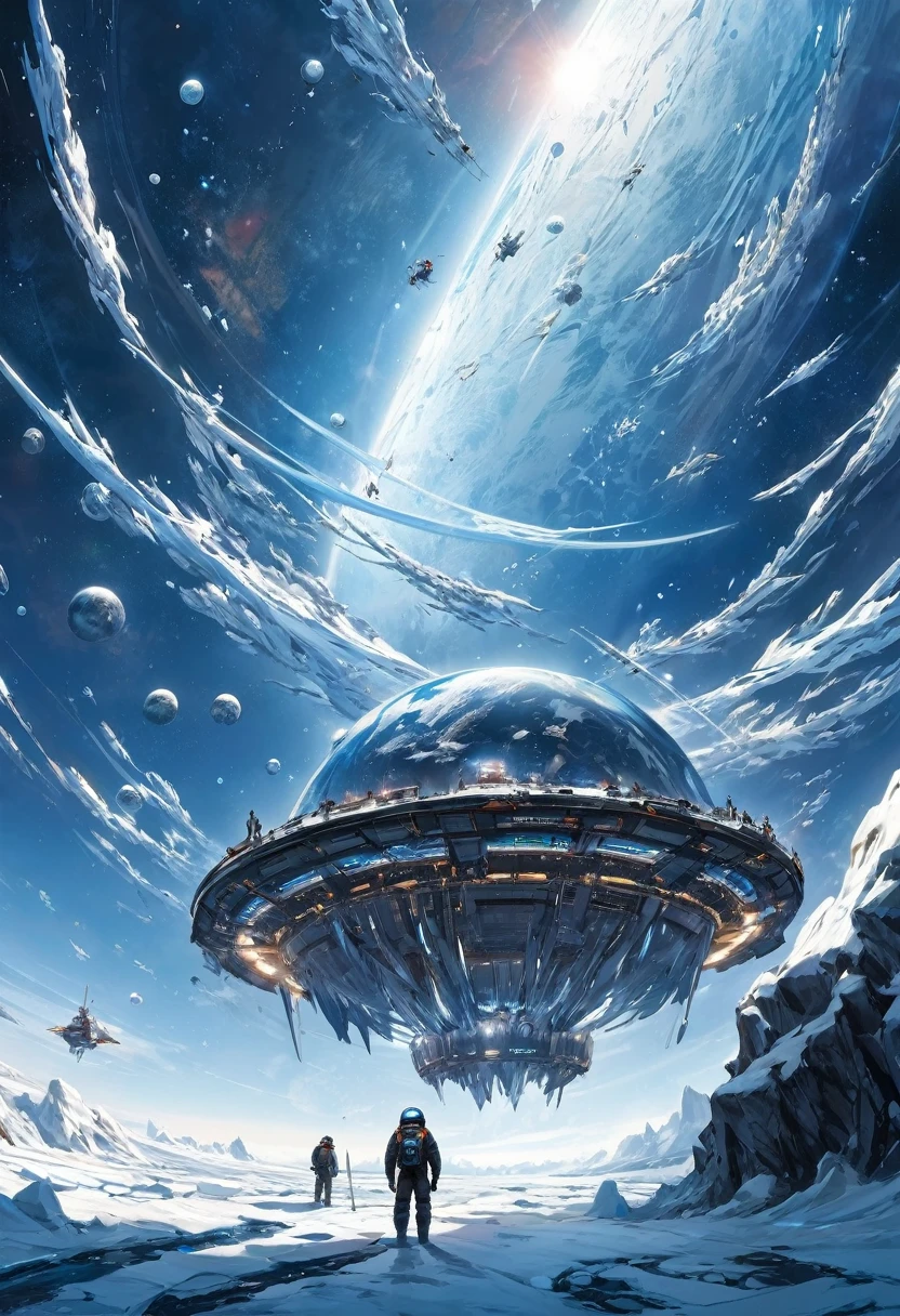 Future Earth in the ice, human crisis, exploring space with technology, frontier science fantasy, space migration, best image quality.