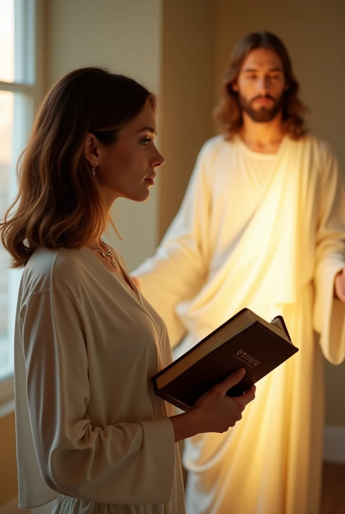 A woman in a room with a bible in her hand and Jesus to her right in the Holy Spirit and truth,her physical features are shoulder-length hair,brown hair with some highlights and white skin,