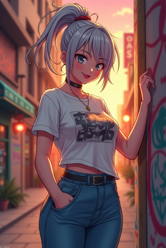 A female Gojo with her hair tied up and wearing casual clothes 


(anime, big breasts, somewhat flirty and sexy)