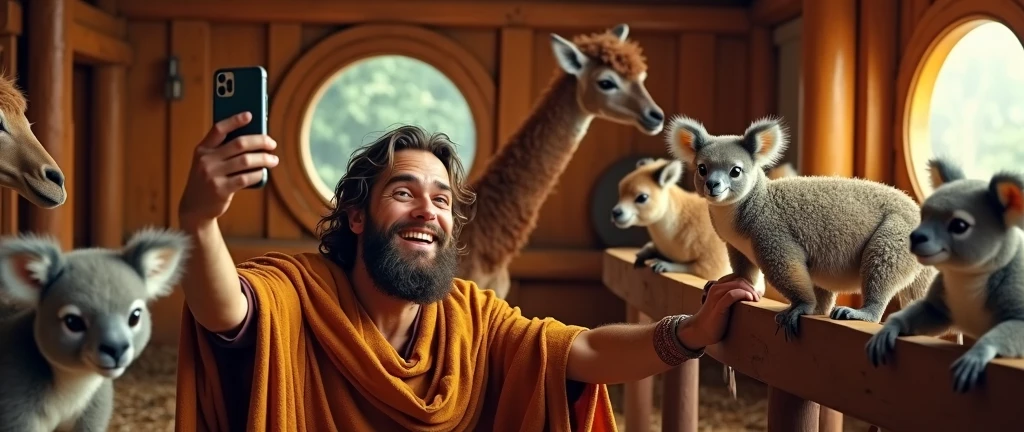 Noah taking a selfie on his cell phone, in the ark with animals. realistic, in 8k