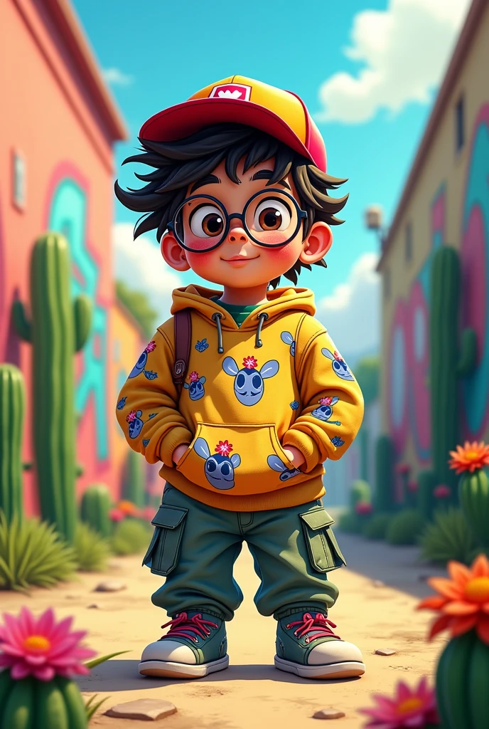 18-year-old chubby boy, Mexican, with freckles, round glasses and messy hair astasthetic. wears cargo pants and a sweatshirt.