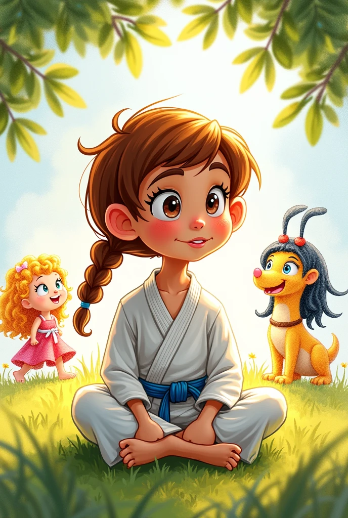child,, chestnut hair, with braid , white belt jiujitsu, drawning , disney