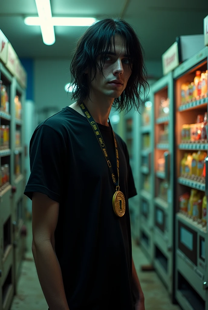 Make a 30-year-old very thin guy like a Zombie, very long black hair, blue colored eyes, black short sleeve t-shirt, with a gold medal around his neck that says ((VIP 1)) near Royal Vending machines, ((soda machines and juice and snack machines))