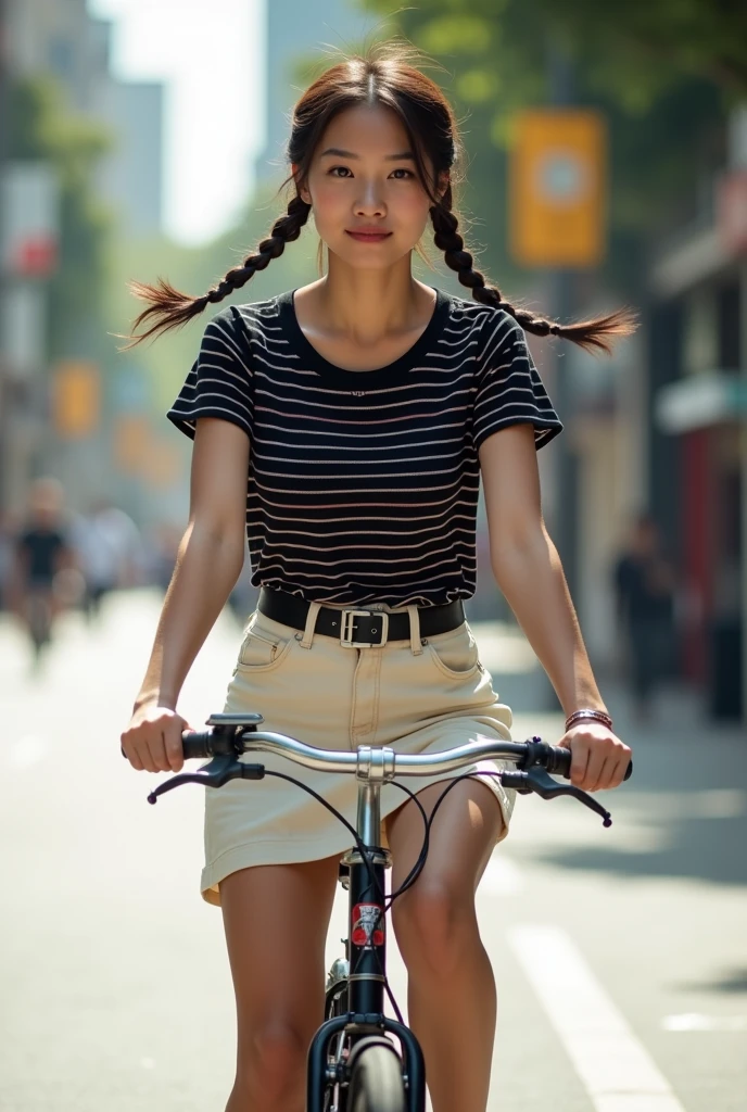 1 thai-japanese beautiful girl, 20s, riding bicycle very fast, black tight t-shirt with small black and smaller white horizontal stripes, cream jean skirt with side pocket, black military belt with silver plate belt buckle, black neckline and sleeve hem with red at the middle, motion blur, depth of field, best solution, best quality, high detailed, 32k, full body shot, black 2 braids with red bow made from narrow ribbon, from side:1.2, bicycle wheels, white sneakers, slim and perfect figure, perfect body proportions, emphasize breast and thigh