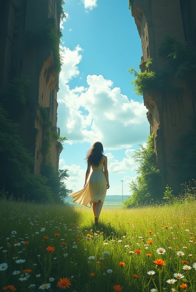 A figure walking or running towards an open and sunny landscape, Leaving behind a dark and gloomy city. The figure wears an expression of relief and freedom, showing that they have stopped worrying about unhappiness.
