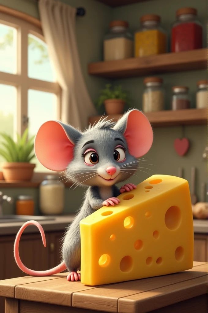 A gray mouse and a cheese posing