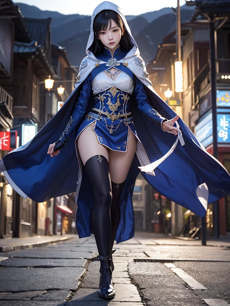 South korea walk women mystery hooded on with modern royal Blue coat with long and wide sleeves with buttons and royal Blue cape and very high white heel over the knee and white gloves, As she reveals a small secret hidden blade coming from his palm , adding to the character's mysterious and agile appearance, with small movements of air on the cape, in summer at night under the rain,medieval south korea house. sophisticated and highly detailed, ultra hd, realistic, hyper detailed, enhanced colours, ultra sharp focus, with vibrant, rich in details High quality, gorgeous, captivating, 8k, super detailed, stunning shadows, detailed lines, blood stain on coat and gloves, corpses in the street recently murdered