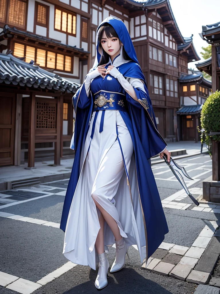 South korea walk women mystery hooded on with modern royal Blue coat with long and wide sleeves with buttons and royal Blue cape and very high white heel over the knee and white gloves, As she reveals a small secret hidden blade coming from his palm , adding to the character's mysterious and agile appearance, with small movements of air on the cape, in summer at night under the rain,medieval south korea house. sophisticated and highly detailed, ultra hd, realistic, hyper detailed, enhanced colours, ultra sharp focus, with vibrant, rich in details High quality, gorgeous, captivating, 8k, super detailed, stunning shadows, detailed lines, blood stain on coat and gloves, corpses in the street recently murdered