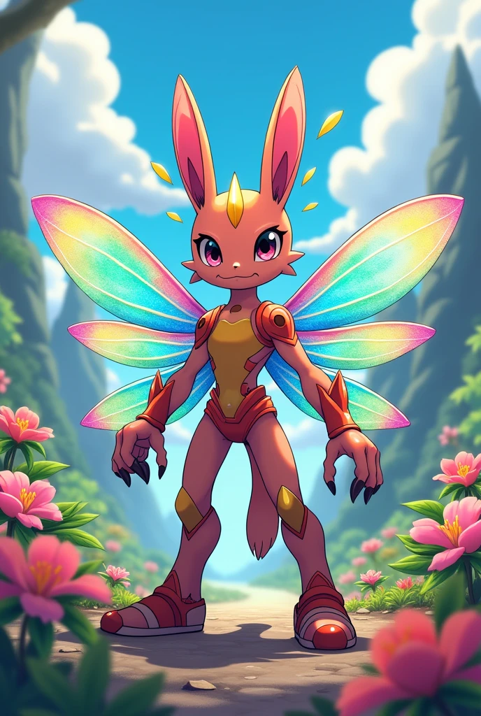 A anime style humaniod creature.
Appearance: a chimera , half bunny half man half dragonfly. With big wings, Big anime eyes. Two Big stingers for hands and wearing a exoskeleton
Style : cel shaded , 3d , anime, Full-body, t pose.
This is a digimon