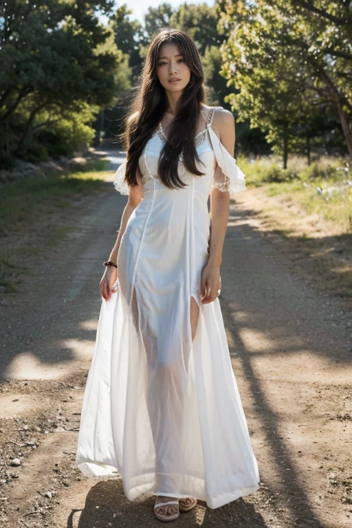 (RAW photos, best quality), (Practical, Photo Practical: 1.3), best quality, Very detailed, masterpiece, Ultra Detail, One Native American girl, Very detailed的脸部,Exquisite eyes, Full body portrait, Perfect body,(((Perfect Indian attire、Indian long dress))),Long legs,Long-range shooting, World masterpiece Theater, Stylish_long_hair, best quality, Movie Lighting,Standing in a small town in the western United States