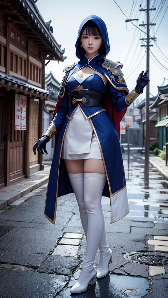 South korea walk women mystery hooded on with modern royal Blue coat with long and wide sleeves with buttons and royal Blue cape and very high white heel over the knee and white gloves, As she reveals a small secret hidden blade coming from his palm , adding to the character's mysterious and agile appearance, with small movements of air on the cape, in summer at night under the rain,medieval south korea house. sophisticated and highly detailed, ultra hd, realistic, hyper detailed, enhanced colours, ultra sharp focus, with vibrant, rich in details High quality, gorgeous, captivating, 8k, super detailed, stunning shadows, detailed lines, blood stain on coat and gloves, corpses in the street recently murdere