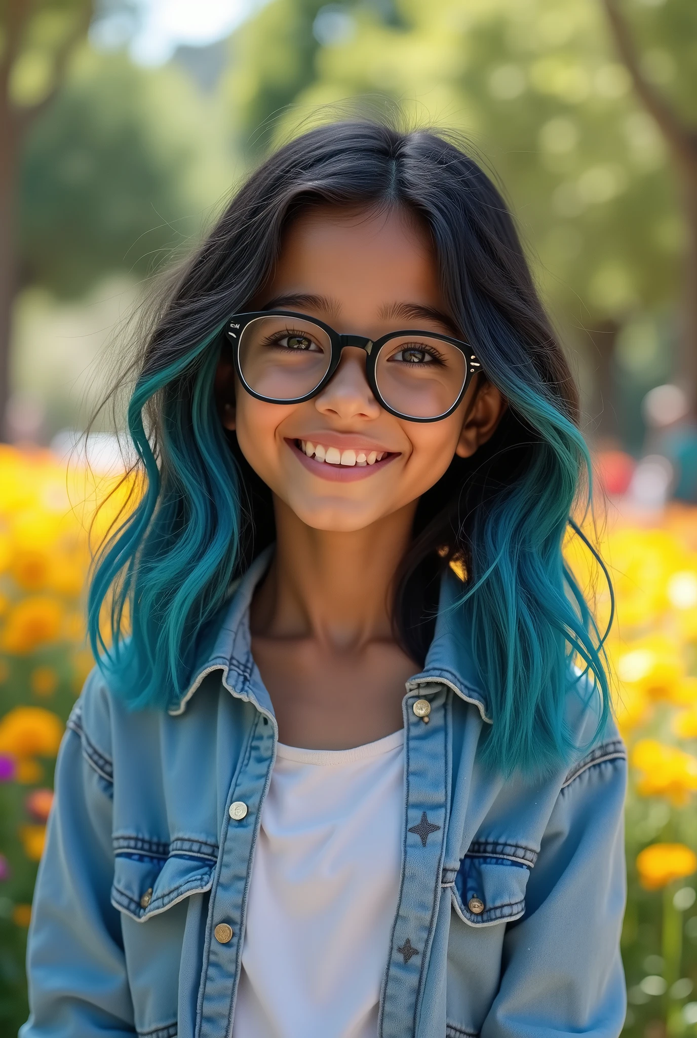 Girl with black hair and blue highlights, brown eyes with glasses, tanned skin, wearing a loose shirt, and a sweet smile.