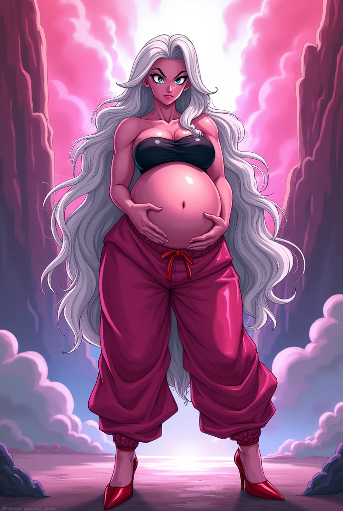 Android 21 from dragonball, black sclera, pink skin, tube top, bracelet, harem pants, high heels, tail, white hair, pregnant, big belly, thick thights, alone,