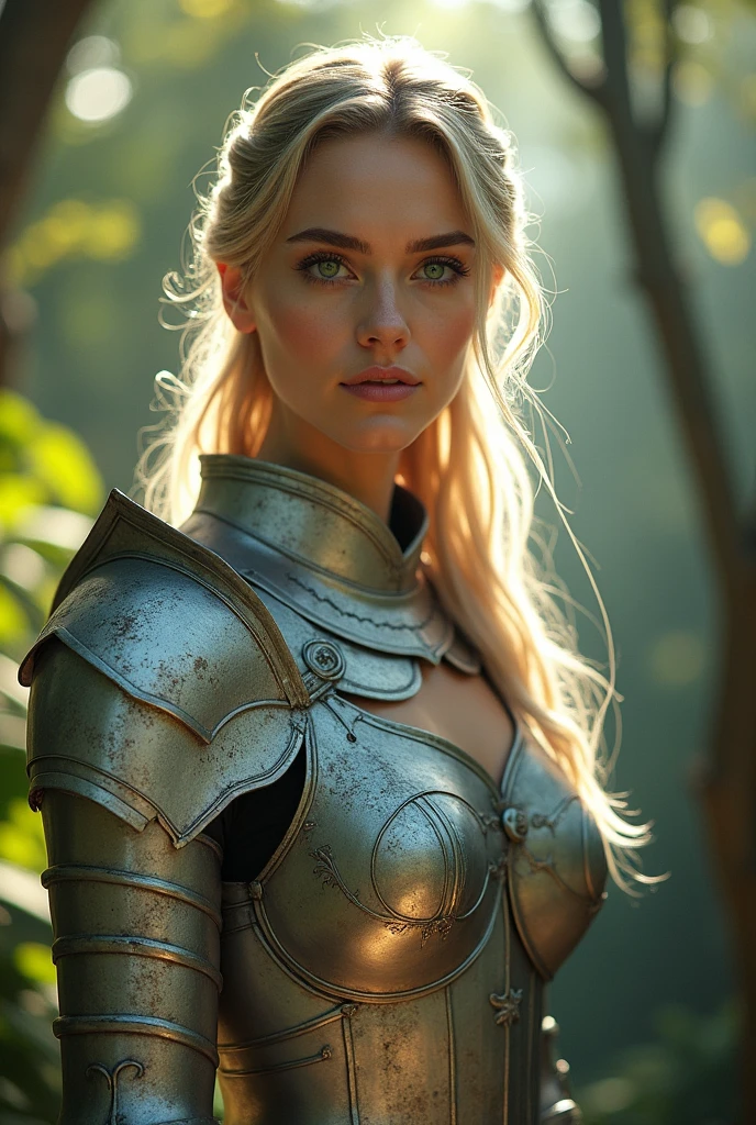 Woman wearing silver armor, greeneyes , calm countenance .