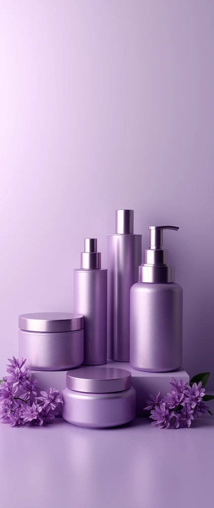 A rectangular Facebook cover image with a clean and modern design, using various shades of purple. The image should include beauty products like creams, oils, and hair care items, arranged aesthetically to convey elegance and luxury. No text should be included, just the images of the products. The background should be a smooth gradient of light to dark purple, maintaining a cohesive and professional look.