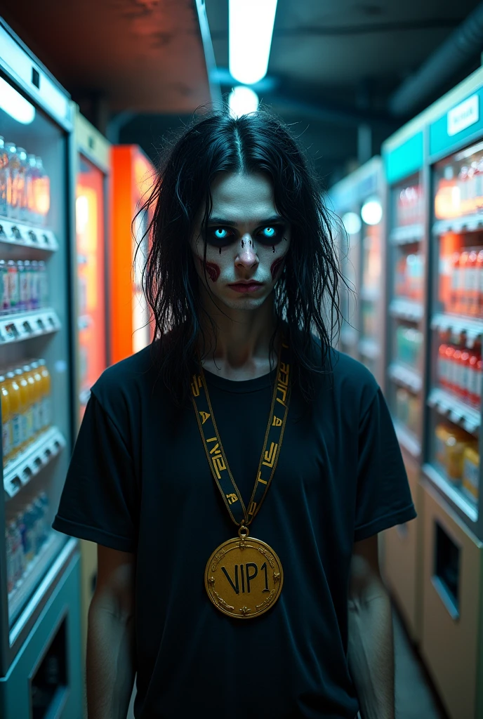 Make a 30-year-old very thin guy like a Zombie, very long black hair, blue colored eyes, black short sleeve t-shirt, with a gold medal around his neck that says ((VIP 1)) near Royal Vending machines, ((soda machines and juice and snack machines))
