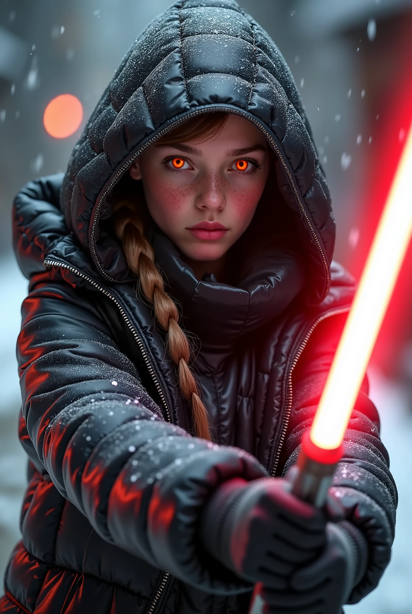 a slim ponytail 16 year old fire-eyed sith wielding her bright lightsaber battling with her slim nemesis,beautiful detailed eyes,beautiful freckles,beautiful detailed lips,extremely detailed eyes and face,longeyelashes, wearing beautiful detailed skintight airtight covering-head hooded formfitting duvetica overfilled shiny super gleamy thick glossy puffervest covering over her padded high-collared pufferjacket, glossy latex leggings,symmetrical,masterpiece,cinematic,lifelike,hyperrealistic,8k,photorealistic,highly detailed,intricate,exquisite,elegant,beautiful,stunning