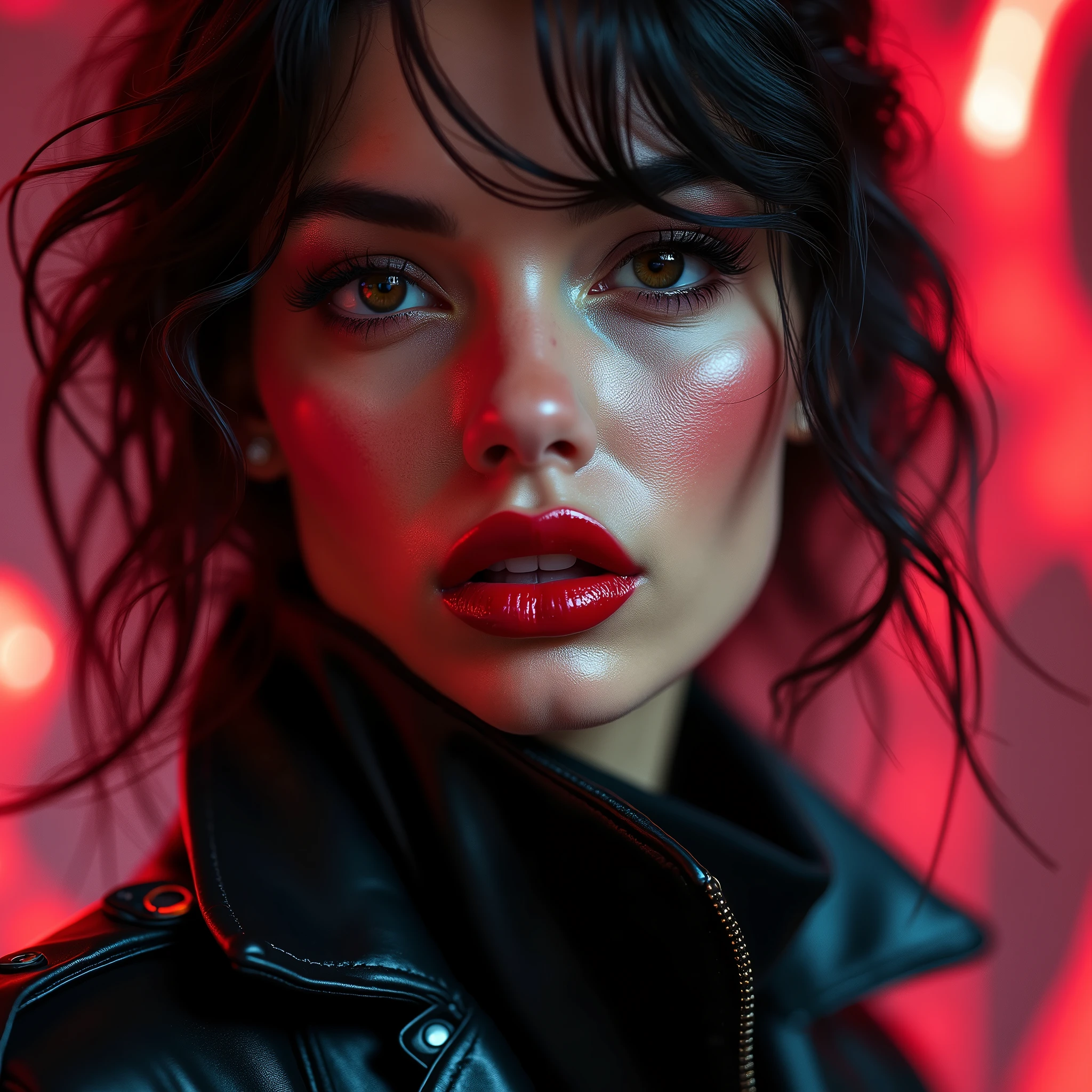 a close up of a woman in a black jacket and red lipstick, stunning digital illustration, glossy digital painting, Exquisite digital illustration, portrait of the art work of martin ansin, detailed sensual face, beautiful digital art, cute digital painting, beautiful digital illustration, beautiful digital art, digital art stunning, beautiful beautiful digital art, stunning digital painting, a beautiful art illustration