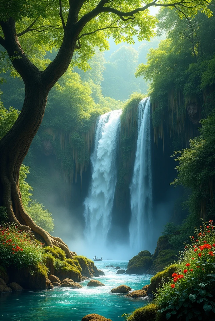 Create a waterfall, that winds through the forest