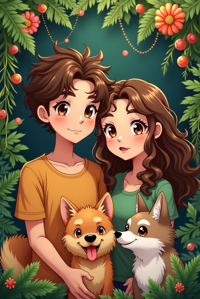 Create a couple in anime style. The couple has brown curly hair and light brown eyes.
The boy has a piercing on his eyebrow and the girl has piercings on her cheeks.
There are two dogs, a small one all orange with lots of fur.
The other dog is big and looks like a wolf but has less fur but a pretty wild look.
The background full of plants because the girl loves plants.
The smaller and hairier orange dog.
The boy has long brown hair and the girl does too